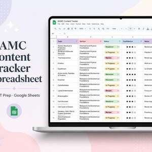 May include: A laptop screen displaying an AAMC Content Tracker spreadsheet for MCAT preparation. The interface features columns for Topic, Section, Status, Confidence, and Notes, with color-coded status tags and star ratings for each row.