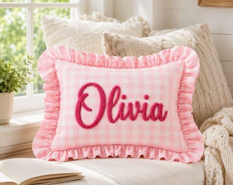 Personalized Striped Ruffled Pillow Embroidery, Custom Name Embroidery Cushion, Ruffle Edge Baby Room Decor, Dorm Room Pillow