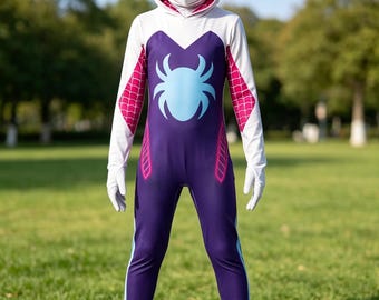 Rosa Lila Spindelhjältekostym, Barn Superhjälte Bodysuit med Huva, Halloween Cosplay Outfit, Flickor Pojkar Klädsel