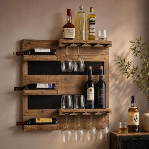 May include: A wall-mounted wooden wine rack featuring horizontal shelves for wine bottles and integrated racks for hanging stemware. The unit includes a black backing panel and holds multiple bottles of spirits, wine, and clear glass tumblers.