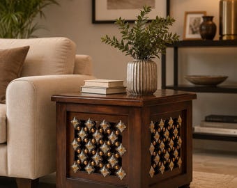 Solid Sheesham Wood Storage End Table, Handcrafted Lattice Design, Rustic Accent Furniture