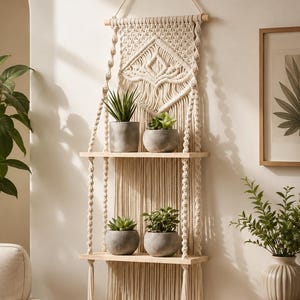May include: A two-tiered macrame wall hanging featuring cream-colored cotton cord knotted in intricate patterns. Two light-toned wooden shelves are suspended by the cord, each holding two small, round, grey stone-like planters with green succulents.
