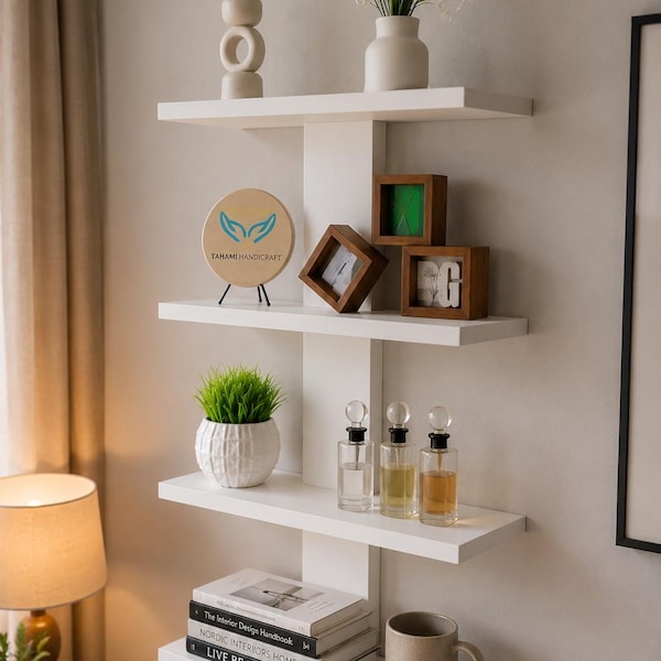 Modern White Floating Wall Shelf, Minimalist Engineered Wood Display