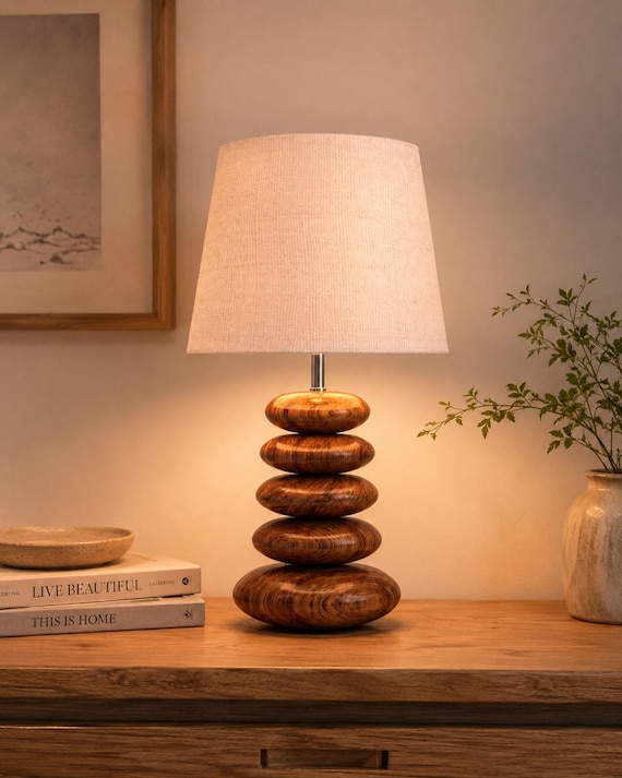 Handmade Pebble Wood Table Lamp, Linen Shade, Modern Japandi Rustic Light