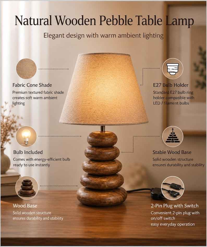 Puede incluir: Una l&aacute;mpara de mesa con pantalla c&oacute;nica de tela beige y una base compuesta por cinco elementos de madera marr&oacute;n oscuro apilados en forma de guijarros lisos. Incluye un casquillo E27, una bombilla y un cable negro con enchufe e interruptor.