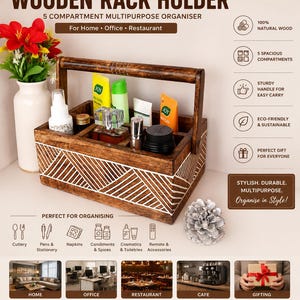 Puede incluir: Un organizador de madera rectangular con acabado marrón oscuro y un patrón de líneas geométricas blancas en el frente. Cuenta con un asa superior resistente y cinco compartimentos internos que contienen varios frascos, tubos y tarros de aseo.