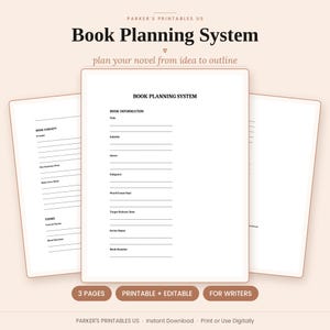 May include: A three-page book planning system with black text on white paper. The pages feature sections for book information, including title, subtitle, genre, subgenre, word count goal, release date, series name, and book number.