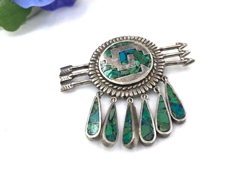 Pin-2048a-062019050 ? 925 Silver Brooch W Inlaid Turquoise Chips Three Arrows Dangle Teardrops -BroochNeck Signed Antonio HOEZ