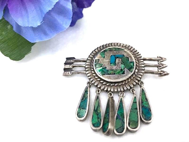 Pin-2048a-062019050 ? 925 Silver Brooch W Inlaid Turquoise Chips Three Arrows Dangle Teardrops -BroochNeck Signed Antonio HOEZ