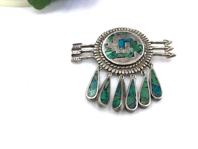 Pin-2048a-062019050 ? 925 Silver Brooch W Inlaid Turquoise Chips Three Arrows Dangle Teardrops -BroochNeck Signed Antonio HOEZ