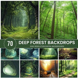 May include: A collection of 70 deep forest backdrops featuring high-resolution digital backgrounds. The images display various woodland scenes with lush green trees, mossy paths, sunlit clearings, and autumn foliage, all presented in a grid layout.