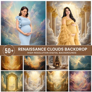 Puede incluir: Una colección de más de 50 fondos digitales con nubes de estilo renacentista, pilares dorados y luz celestial. Las imágenes muestran varias escenas del cielo, incluyendo portales arqueados, interiores con chimeneas y formaciones de nubes.