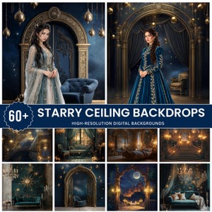 Pode incluir: Uma coleção de mais de 60 fundos digitais com tetos estrelados, arcos dourados ornamentados, móveis de veludo e grandes escadarias em tons de azul profundo e dourado. O texto diz 60+ STARRY CEILING BACKDROPS HIGH-RESOLUTION DIGITAL BACKGROUNDS.