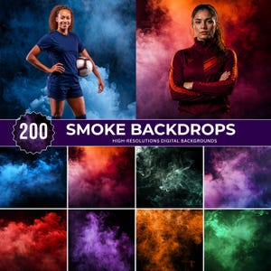 Op de afbeelding: Een collectie van 200 digitale rookachtergronden in diverse kleuren, waaronder blauw, rood, oranje, groen en paars. De afbeelding toont voorbeelden van mensen in sportkleding tegen deze rookeffecten en de tekst 200 SMOKE BACKDROPS.