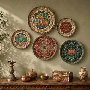 May include: Five circular decorative plates with intricate floral and peacock patterns in teal, red, and gold tones are mounted on a wall. Below, a wooden table holds a brass candlestick, two brass bowls, a wooden box, and a ceramic vase.