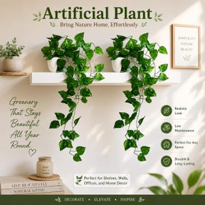 May include: Two artificial trailing green plants in white pots displayed on a white shelf. The image includes text: Artificial Plant, Bring Nature Home, Effortlessly, Greenery That Stays Beautiful All Year Round, Simplicity Nature Beauty, and more.