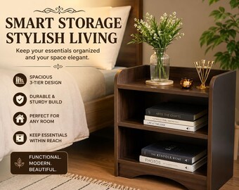 Modern 3-Shelf Bedside Table – Dark Brown Engineered Wood Storage Stand Home Decor