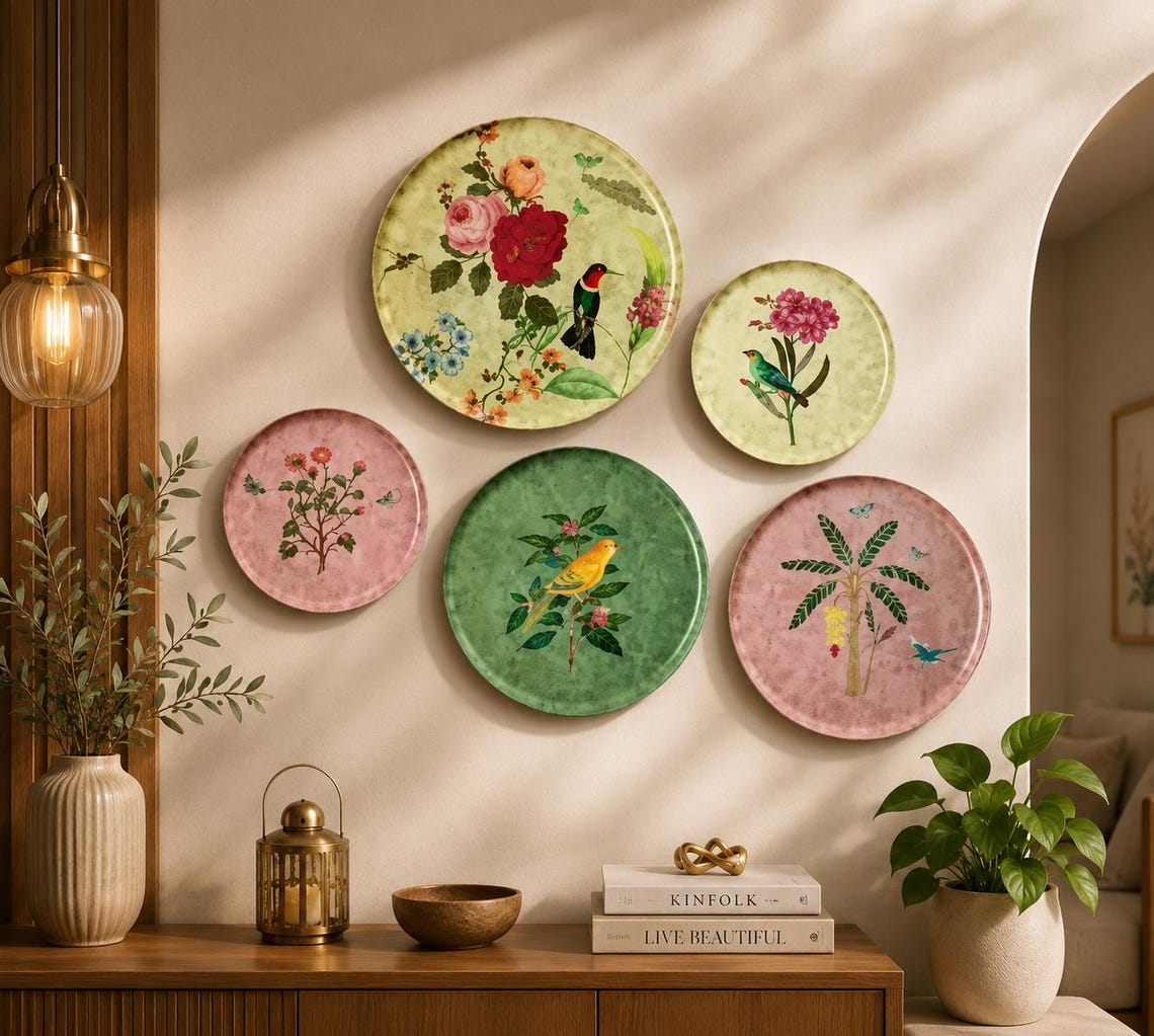 Handmade Floral Bird Decorative Wall Plates Set , Vintage Botanical ...