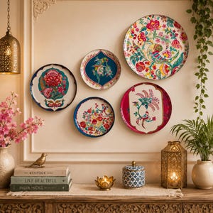 May include: Five circular decorative plates with colourful floral and bird patterns are mounted on a wall. The plates feature various designs including red, blue, and white motifs. Below, a wooden console holds books, a candle holder, and a lantern.