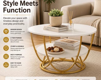 Modern Faux Marble Round Coffee Table, 2-Tier Gold Metal Frame Accent Furniture