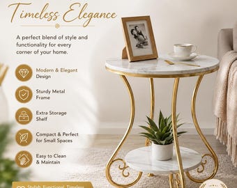 2-Tier Round End Table, Gold Metal Marble-Look Bedside Accent Table Boho Home Decor