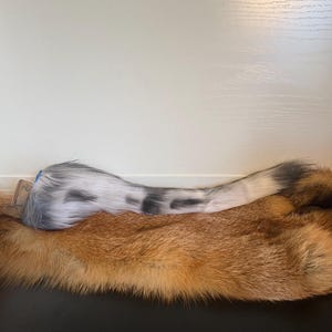 May include: A long, plush, faux fur tail featuring a gradient of white, grey, and black patches, with a blue attachment loop at the base, resting horizontally atop a larger, textured, reddish-brown faux fur piece.