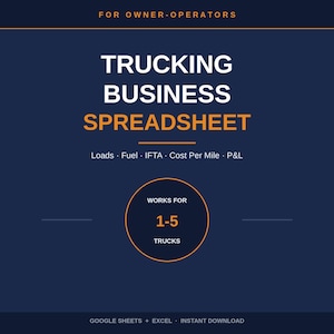 Könnte beinhalten: Eine digitale Tabellenkalkulation für Transportunternehmen mit dem Text: FOR OWNER-OPERATORS, TRUCKING BUSINESS SPREADSHEET, Loads, Fuel, IFTA, Cost Per Mile, P&L, WORKS FOR 1-5 TRUCKS, GOOGLE SHEETS + EXCEL, INSTANT DOWNLOAD.