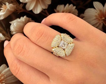 Lab-Grown Diamond Flower Ring, Asscher Cut Statement Cocktail Ring, 10K Gold Floral Jewelry