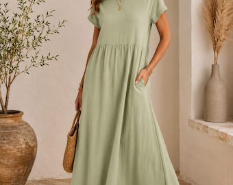 Cotton Linen Boho Maxi Dress, Loose Fit, Short Sleeve Sundress with Pockets