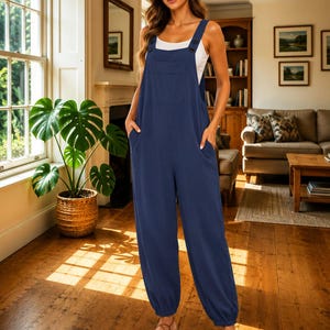Mono de algodón y lino para mujer, mono sin mangas con bolsillos, pantalones harem de pierna ancha, conjunto casual de verano.
