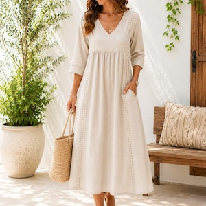 3 4 length sleeve casual dresses FDGIU Women's 3/4 Sleeve V Neck Midi Dress, Elastic Waist Flowy Tiered Linen Casual Dress for Daily & Vacation