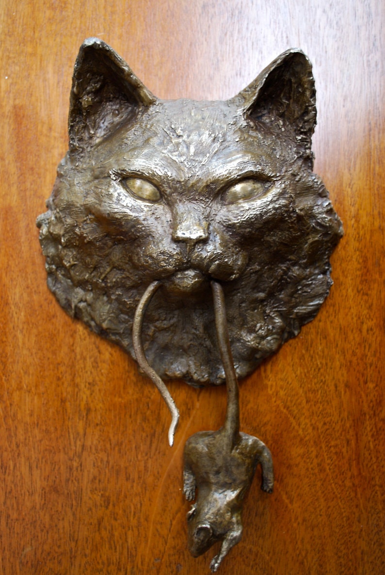 Cat Door Knocker Bronze Sculpture Longhair image 4