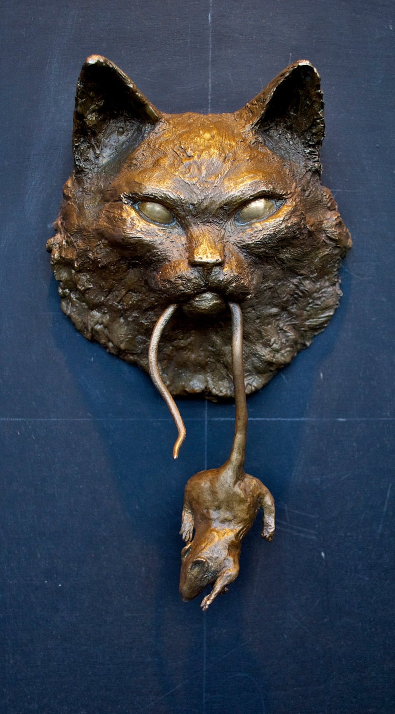 Cat Door Knocker Bronze Sculpture Longhair image 2