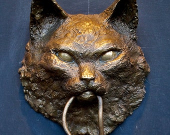 Cat Door Knocker Bronze Sculpture Longhair