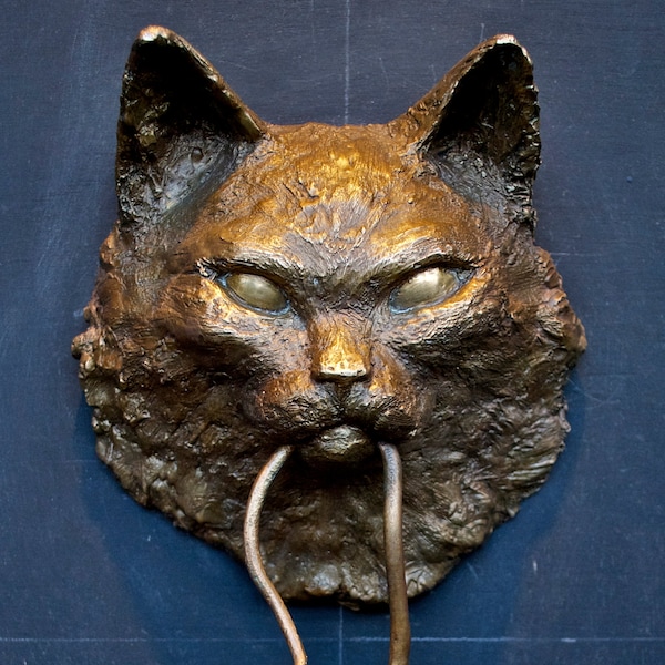 Cat Door Knocker Bronze Sculpture Longhair