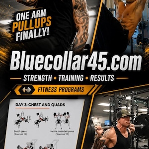 May include: A fitness program graphic featuring the text ONE ARM PULLUPS FINALLY! and Bluecollar45.com. It includes a workout routine titled DAY 3: CHEST AND QUADS with illustrations for bench press, incline dumbbell press, leg press, and abs rollouts.