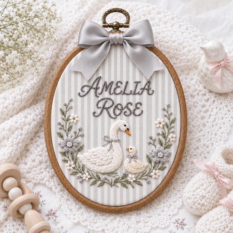 Personalized Baby Name Embroidery Hoop, Swan Nursery Wall Art, Custom ...