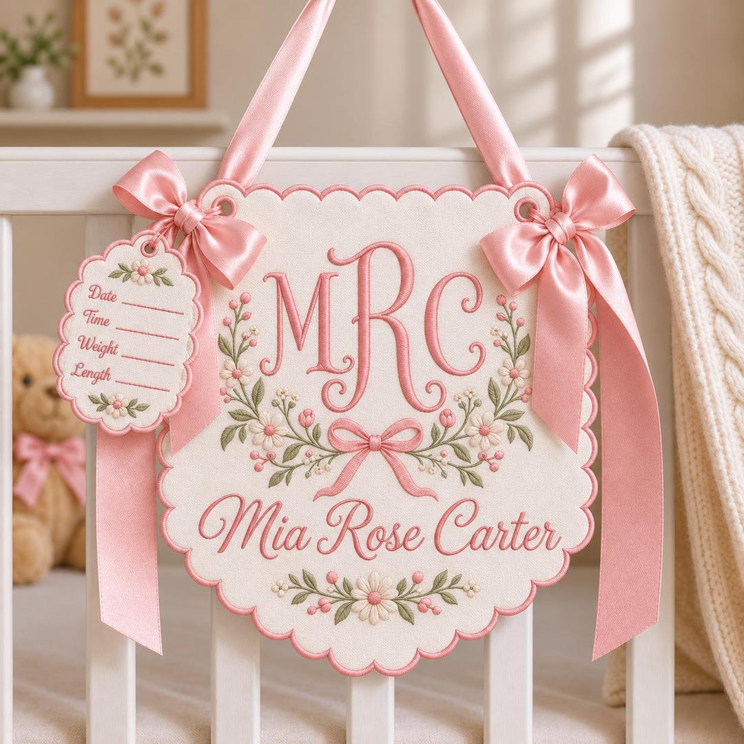 Personalized Baby Girl Monogram Banner, Embroidered Hospital Door ...