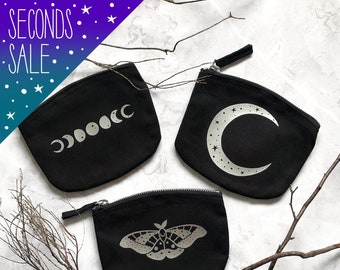 SECONDS SALE, wonky zip pouch, black zip bag with moon phases, organic cotton zip purse with moth design, moons zip pouch