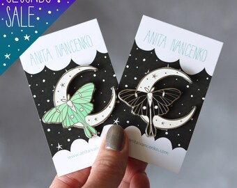 SECONDS SALE Moth moon enamel pin, luna moth pin badge, glitter moon badge, celestial glitter hard enamel pin