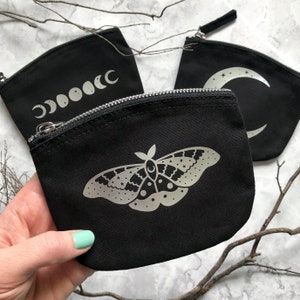 Emperor Moth zip pouch, black zip bag with silver moth, organic cotton zip purse with moth motif, reflective moth zipper pouch