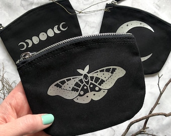 Emperor Moth zip pouch, black zip bag with silver moth, organic cotton zip purse with moth motif, reflective moth zipper pouch