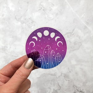 Crystals and Moons vinyl sticker, Clear crystal laptop sticker, glossy vinyl moon phases notebook sticker, celestial moon phase sticker