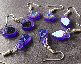 Small acrylic earrings, cute little purple dangle earrings in 4 designs