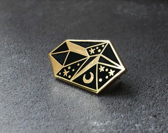 Celestial Crystal enamel pin badge in Black and Gold, black gemstone pin, black hard enamel crystal pin, black glitter crystal badge