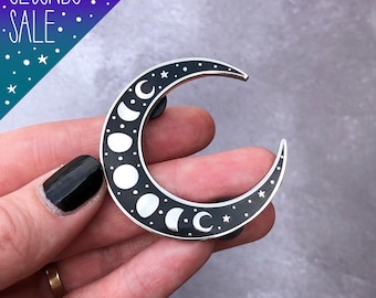 SECONDS SALE, B Grade Celestial moon enamel pin, Moon Phase crescent pin badge, witchy moon pin, large lapel brooch