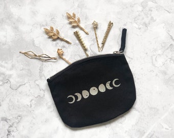 Moon Phases zip pouch, black zip bag with silver moons, organic cotton zip purse with moon phase design, reflective moon zipper pouch