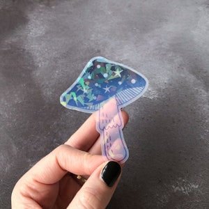 Holographic Toadstool vinyl laptop sticker, white glossy vinyl sticker with holographic overlay, laminated vinyl sticker, waterproof sticker image 2