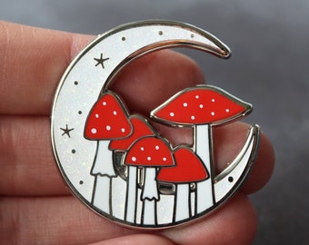 Toadstool Moon enamel pin, fairytale pin badge, glitter moon badge, celestial cottagecore hard enamel pin