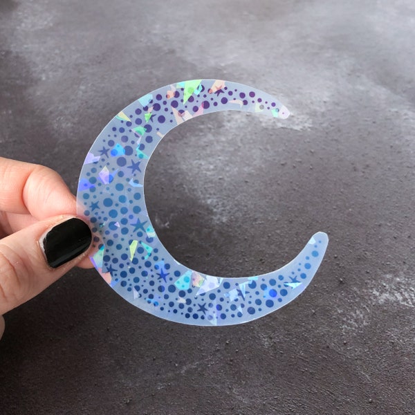 Holographic Moon vinyl sticker, Clear crescent sticker, holo vinyl sticker, ombre moon sticker 8 cm wide, laptop sticker, stars sticker